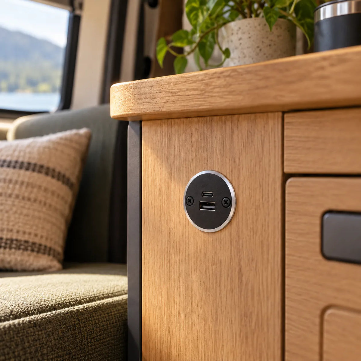 Large aluminium USB C and USB A campervan socket for practical mobile device charging