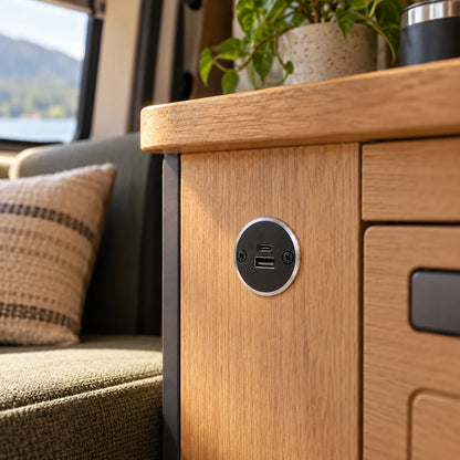 Large aluminium USB C and USB A campervan socket for practical mobile device charging