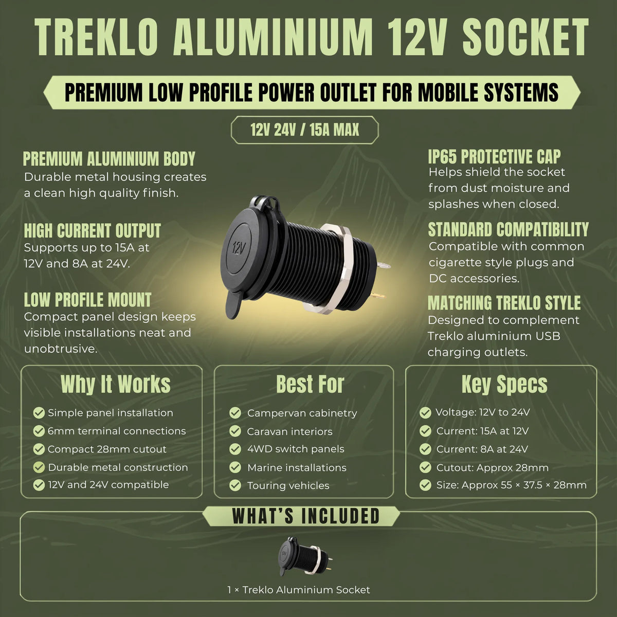Treklo aluminium cigarette power outlet with premium metal construction for modern vehicle fitouts