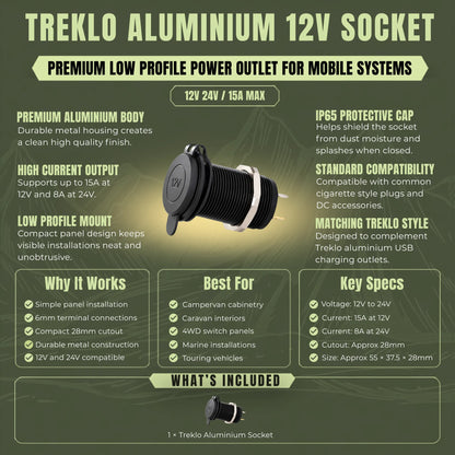 Treklo aluminium cigarette power outlet with premium metal construction for modern vehicle fitouts