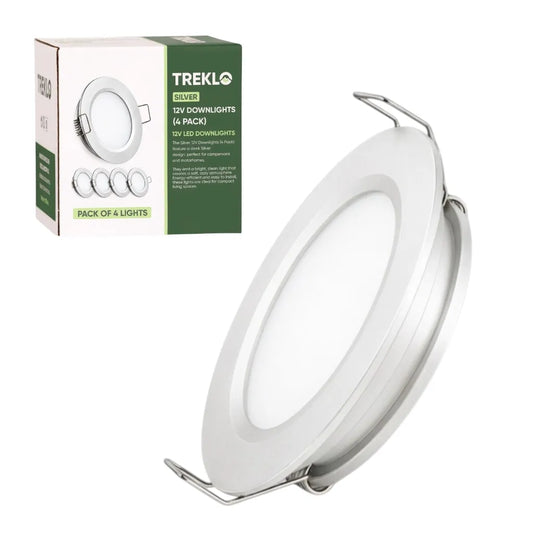 Treklo silver 12v downlights in a four pack with warm white illumination for caravan interiors