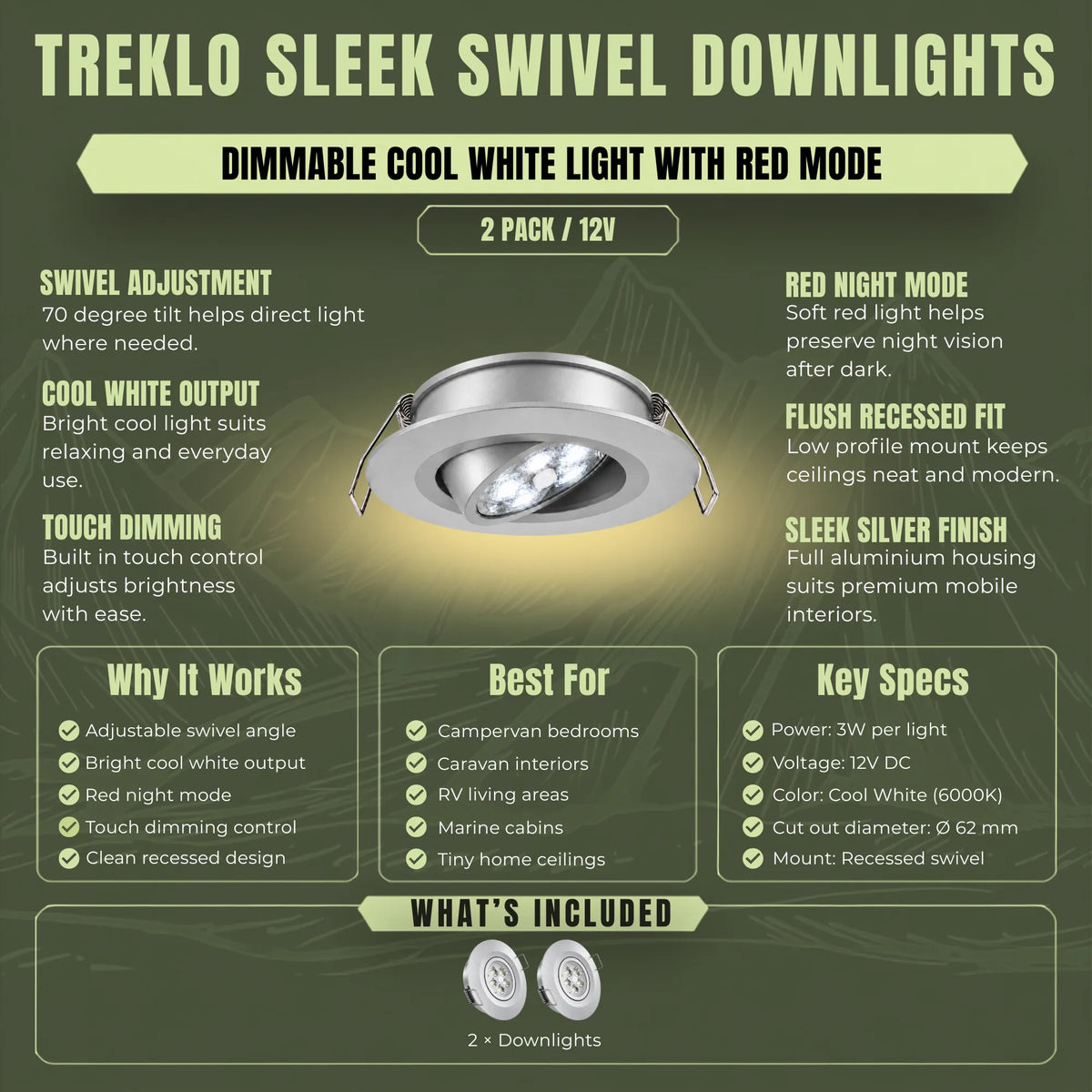Silver Treklo 12v pivot ceiling lights with cool white illumination and red night function
