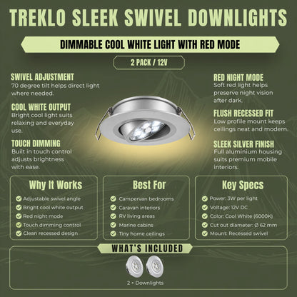Silver Treklo 12v pivot ceiling lights with cool white illumination and red night function