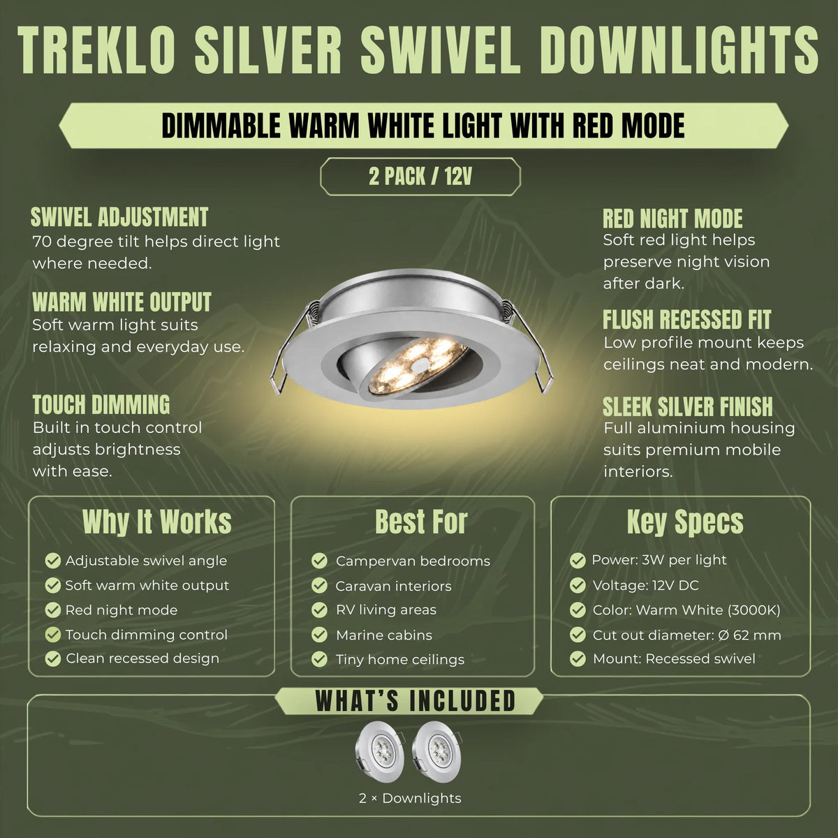 Silver 12v Treklo ceiling lights with pivot adjustment for warm and red interior illumination