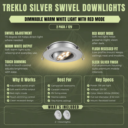 Silver 12v Treklo ceiling lights with pivot adjustment for warm and red interior illumination
