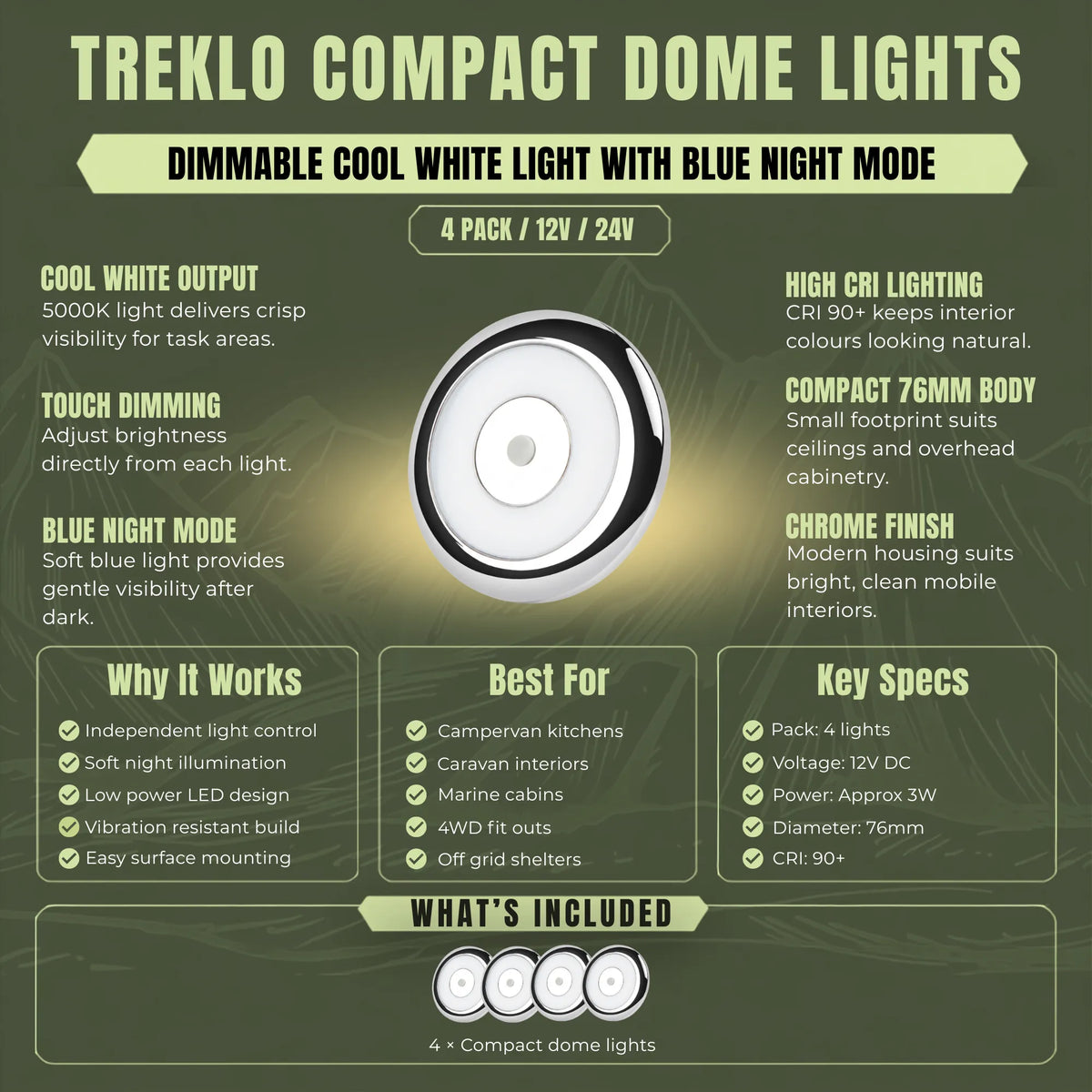 Silver Treklo cool white ceiling lamps with blue night lighting for bright caravan interiors