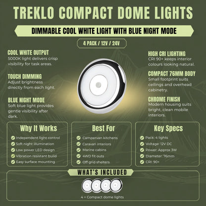 Silver Treklo cool white ceiling lamps with blue night lighting for bright caravan interiors