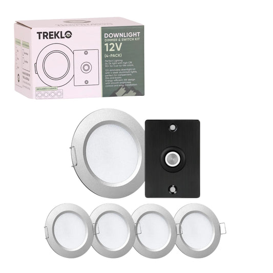 Treklo silver cool white downlight four pack with dimmer and switch for caravan ceiling installations