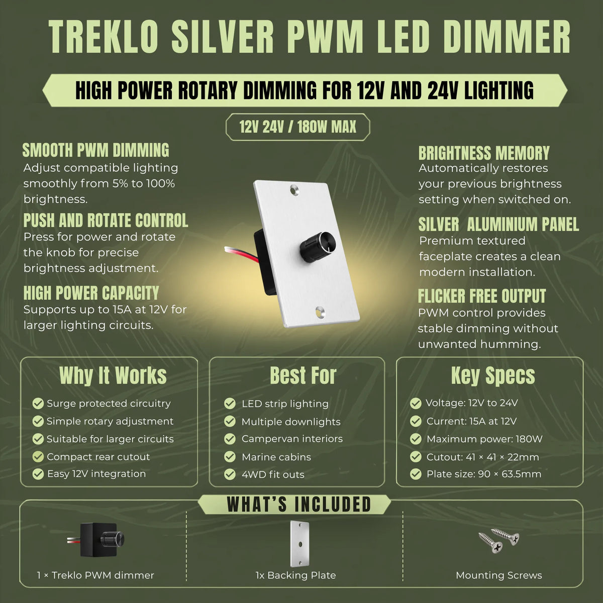 Treklo silver panel PWM lighting dimmer for adjusting compatible 12v LED lights