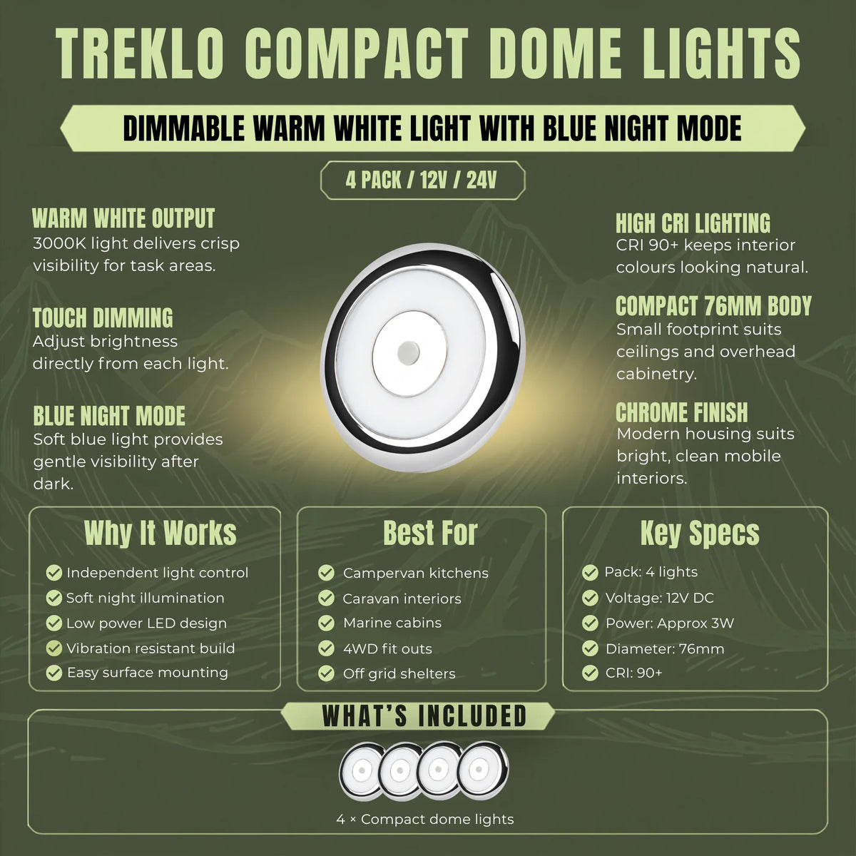 Silver Treklo warm white dome lights with blue night mode for comfortable caravan ceiling lighting