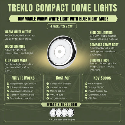 Silver Treklo warm white dome lights with blue night mode for comfortable caravan ceiling lighting