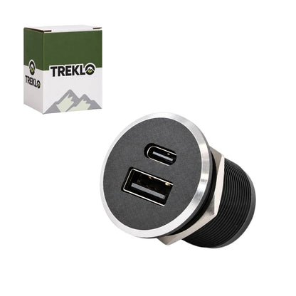 Treklo small aluminium recessed charger socket with USB C and USB A ports for caravan installations