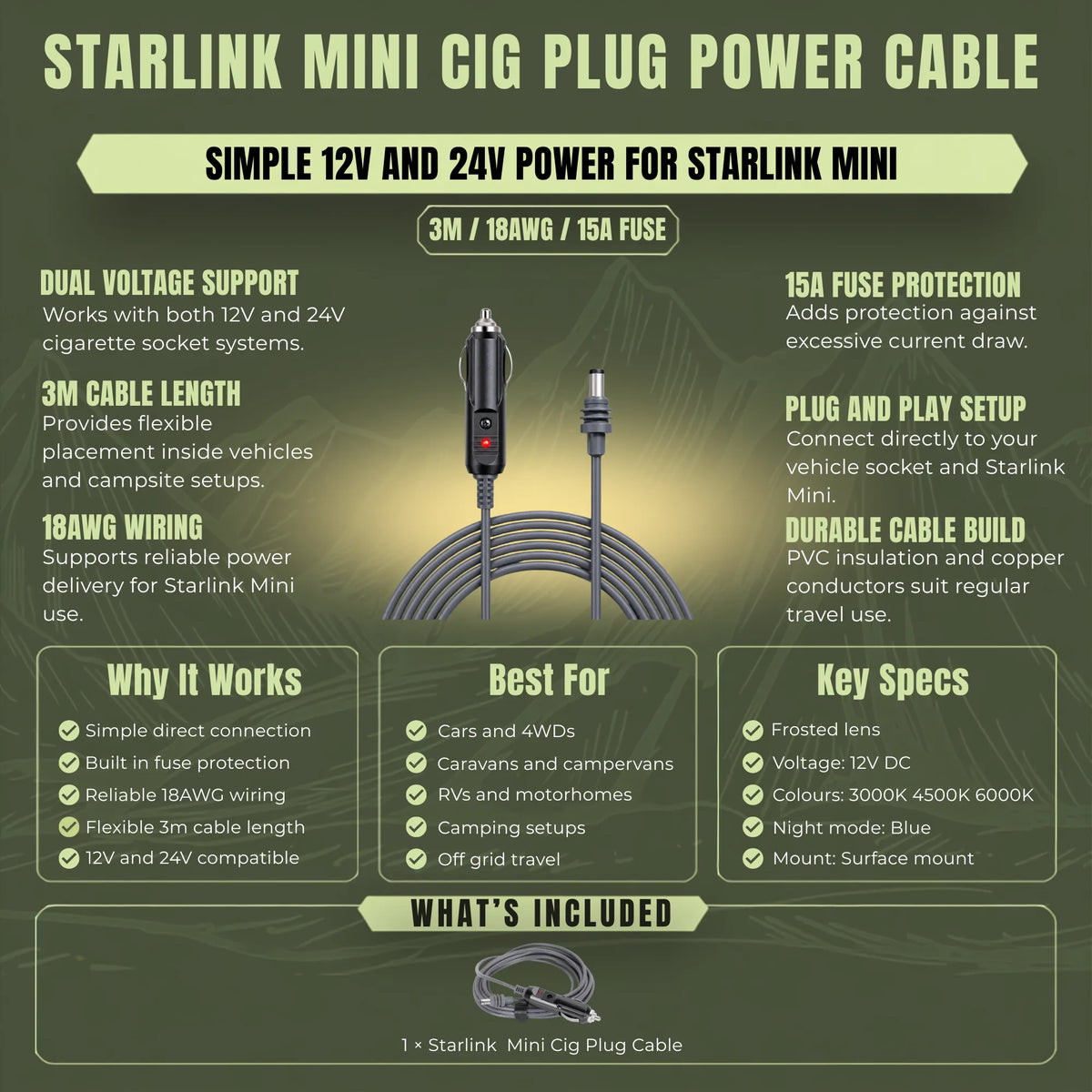 Treklo cigarette socket power lead for running Starlink Mini from compatible vehicle power
