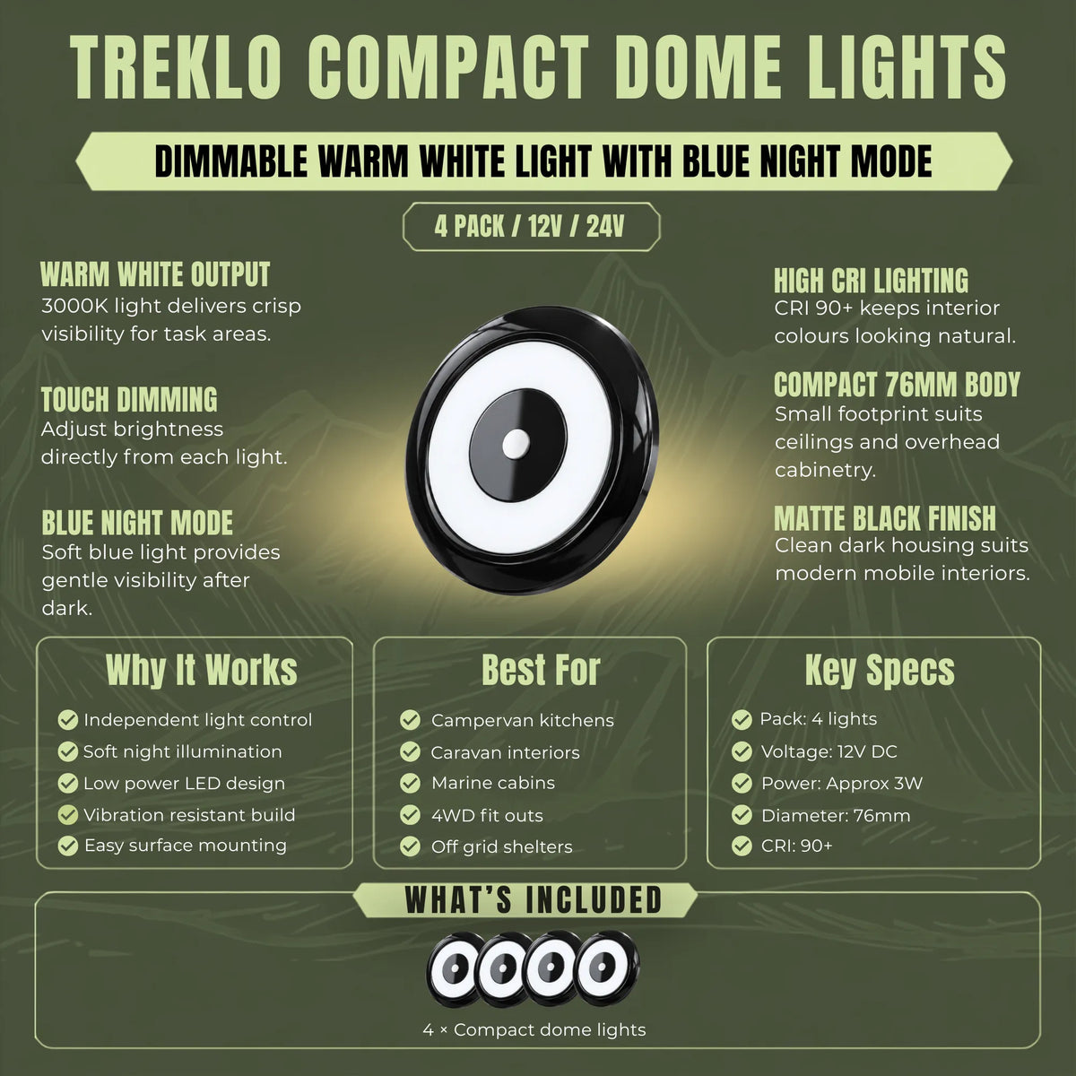 Warm white Treklo black dome lights with blue night lighting for comfortable caravan interiors