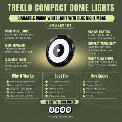 Warm white Treklo black dome lights with blue night lighting for comfortable caravan interiors