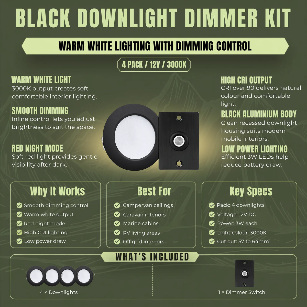 Warm white Treklo lighting package with black downlights and dimming control for caravans