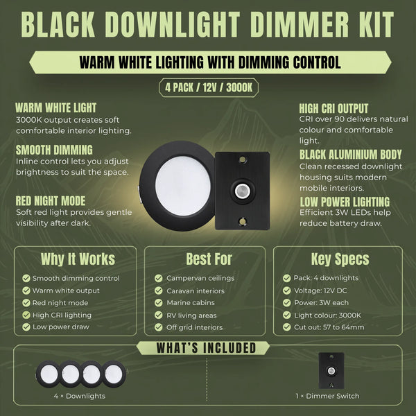 Warm white Treklo lighting package with black downlights and dimming control for caravans