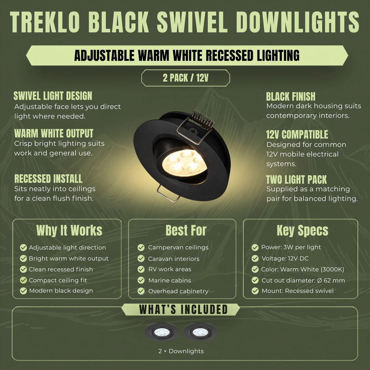 Warm white Treklo ceiling lights in black with swivel adjustment for campervan installations