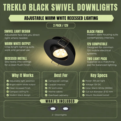 Warm white Treklo ceiling lights in black with swivel adjustment for campervan installations