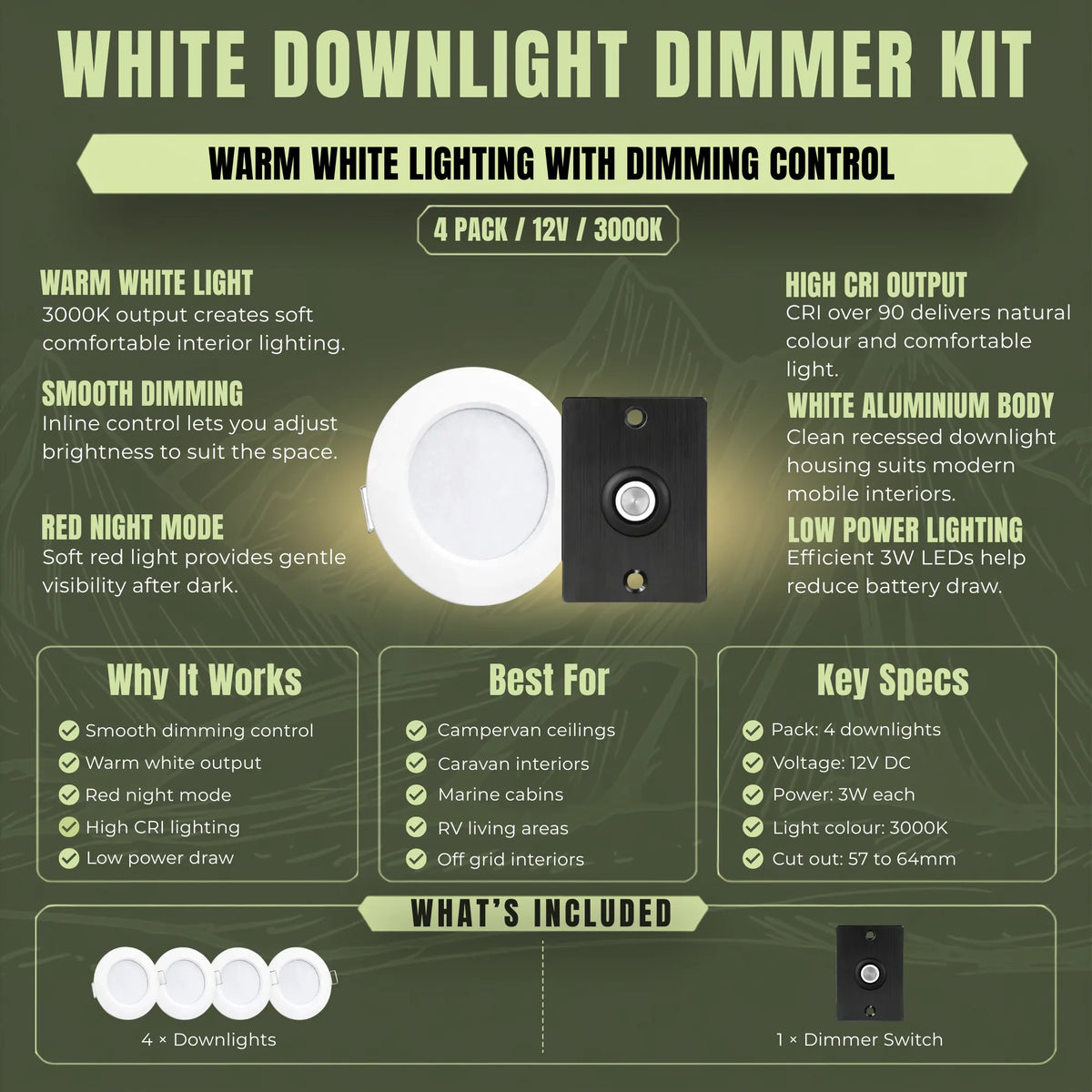 Warm white Treklo ceiling lighting set with white LED fixtures and adjustable brightness control
