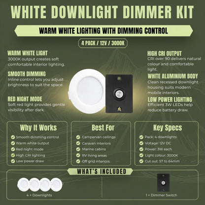 Warm white Treklo ceiling lighting set with white LED fixtures and adjustable brightness control
