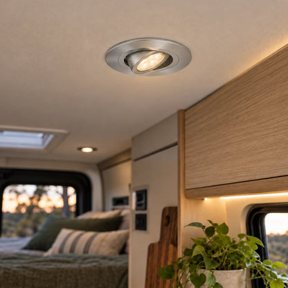 Treklo warm white and red campervan spotlights with silver finish and directional adjustment