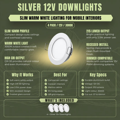 Silver Treklo LED downlight set providing warm white lighting for campervan ceiling installations