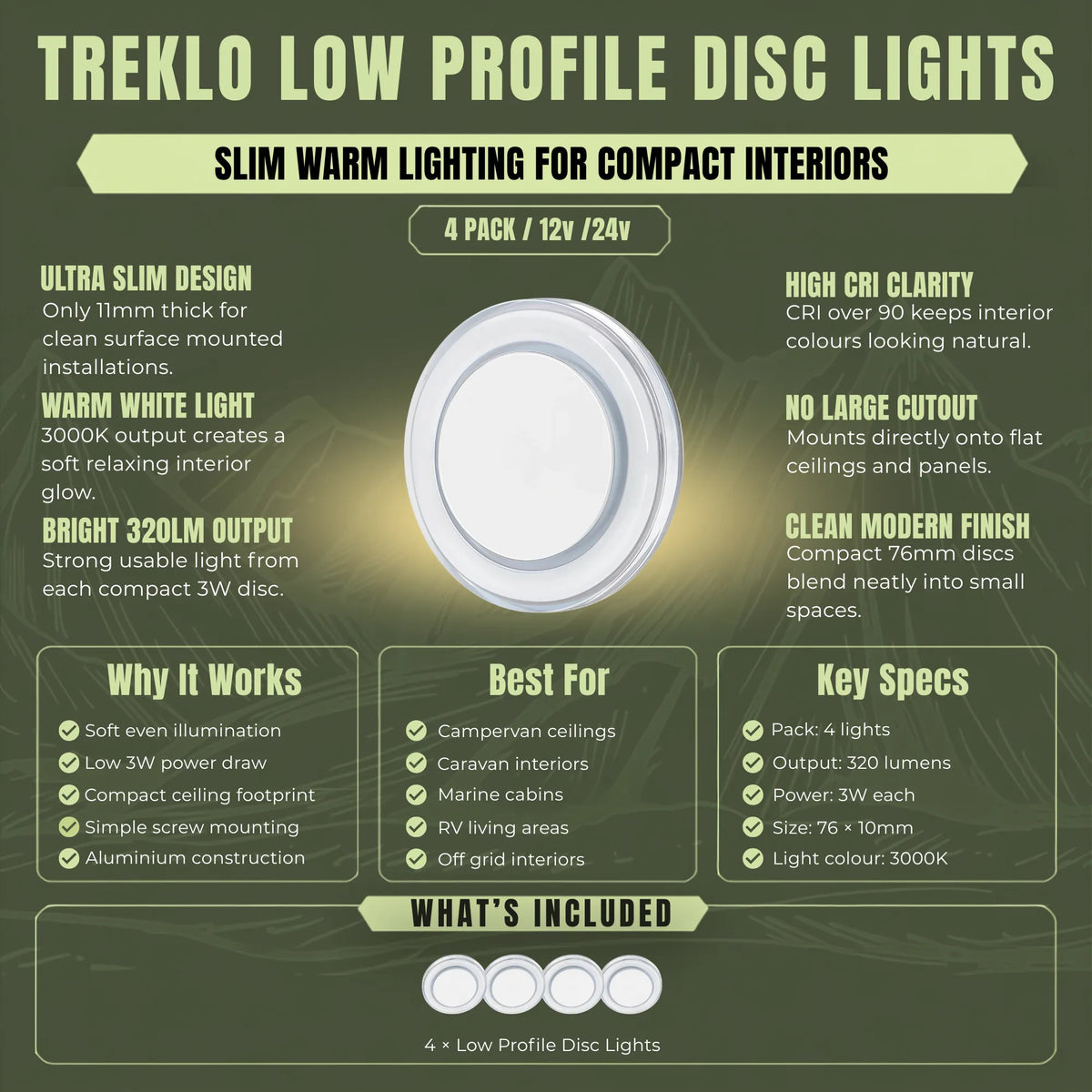Slim Treklo warm white LED disc ceiling lights for comfortable campervan interior lighting