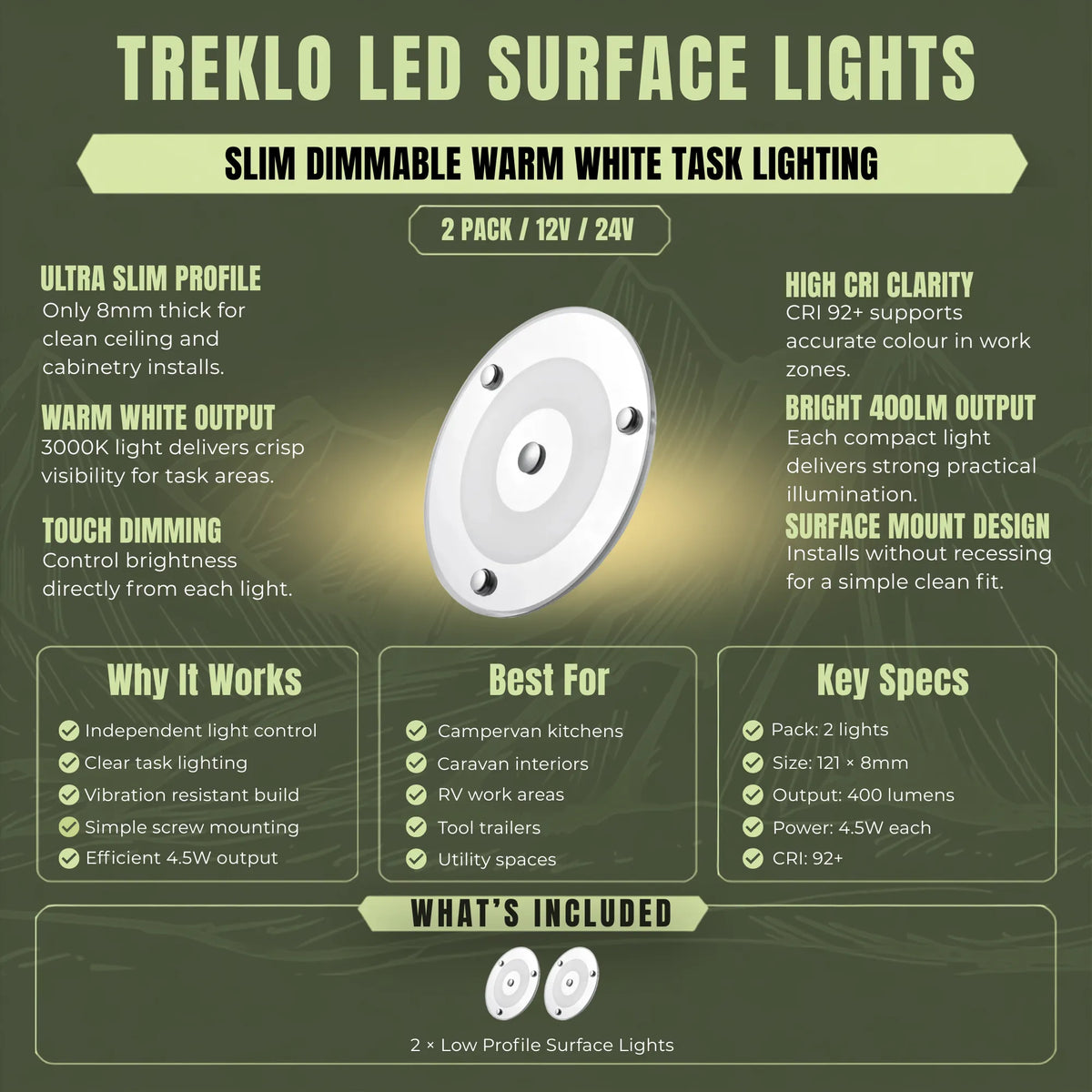 Warm white Treklo surface mount ceiling lights for campervan bedrooms, lounges, and living areas