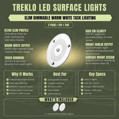 Warm white Treklo surface mount ceiling lights for campervan bedrooms, lounges, and living areas