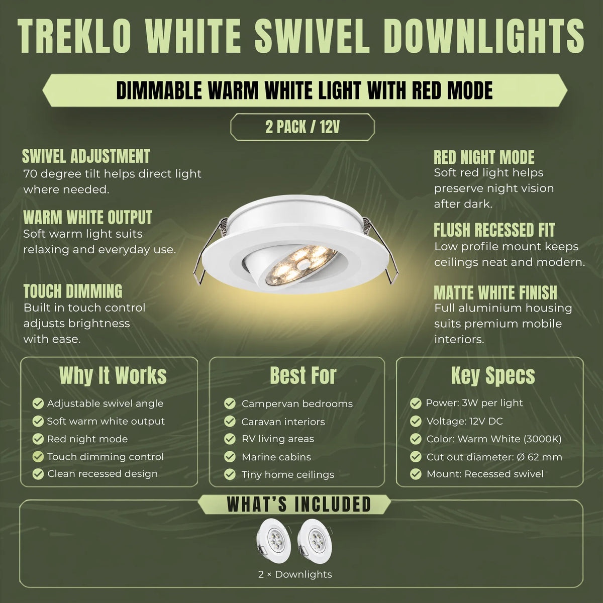 White Treklo 12v adjustable ceiling lights with warm output and dedicated red night lighting