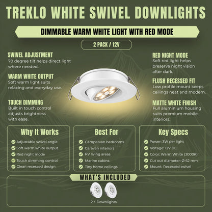 White Treklo 12v adjustable ceiling lights with warm output and dedicated red night lighting