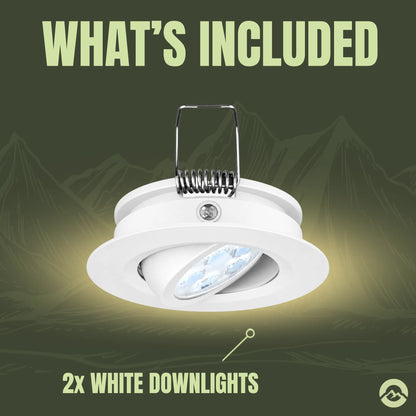 Treklo white directional caravan downlight pair for controlling interior light placement