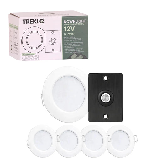 Treklo white four pack warm white downlights with dimmer and switch for caravan installations