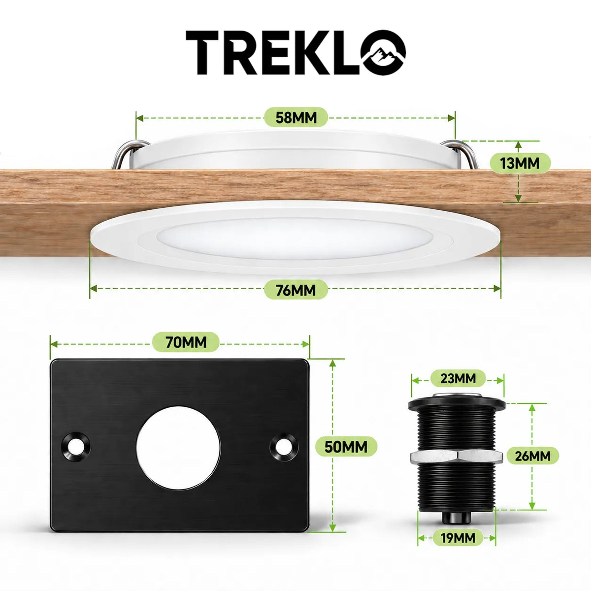 Treklo white RV interior downlight package for controlled lighting across living and kitchen areas