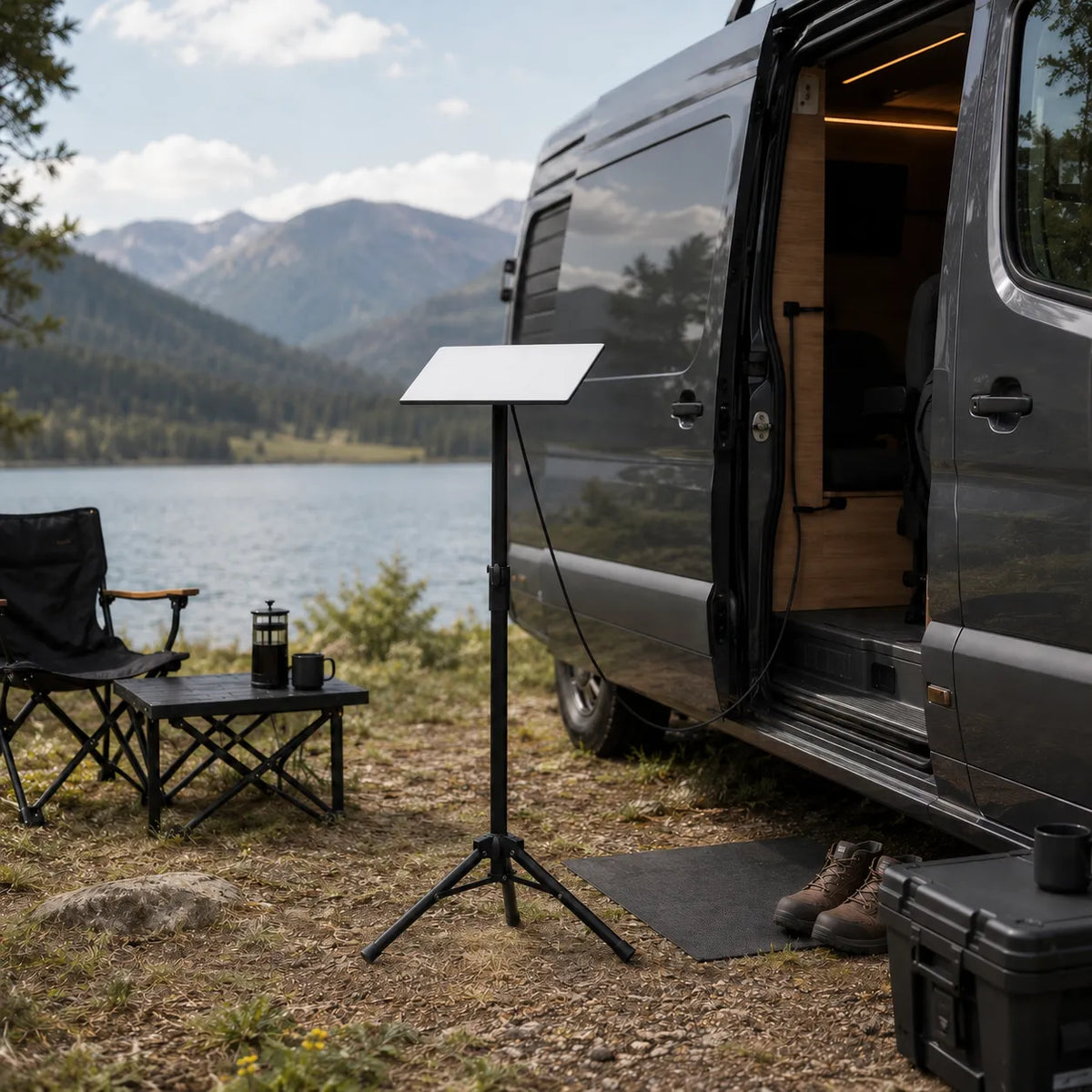 Folding Starlink tripod for quick setup during camping and off grid travel