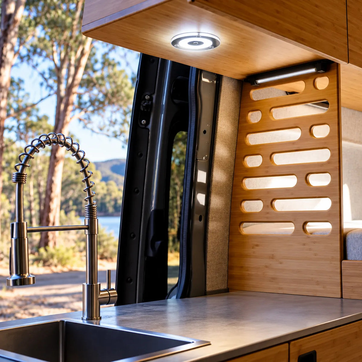 Two cool white dimmable campervan roof lights by Treklo for adjustable interior brightness