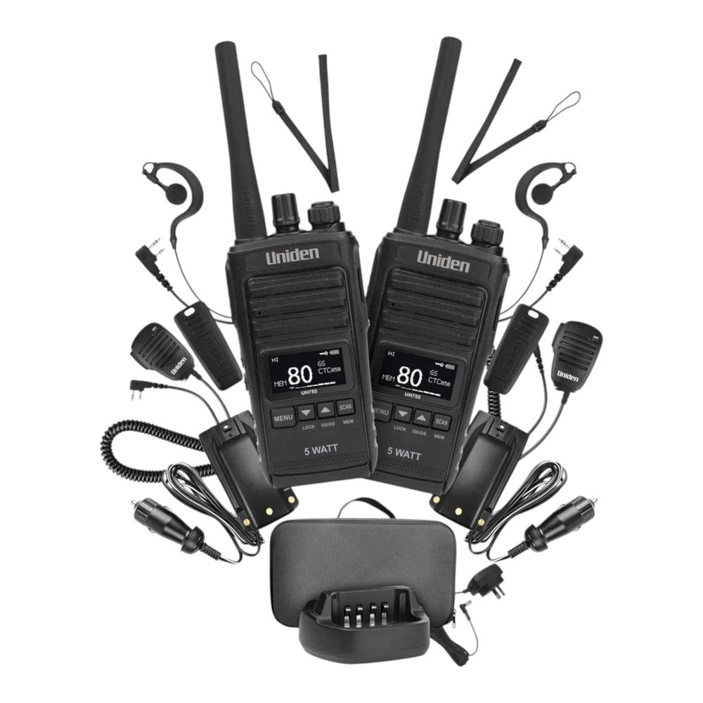 Uniden UH755 2 Pack splashproof handheld radio deluxe pack.