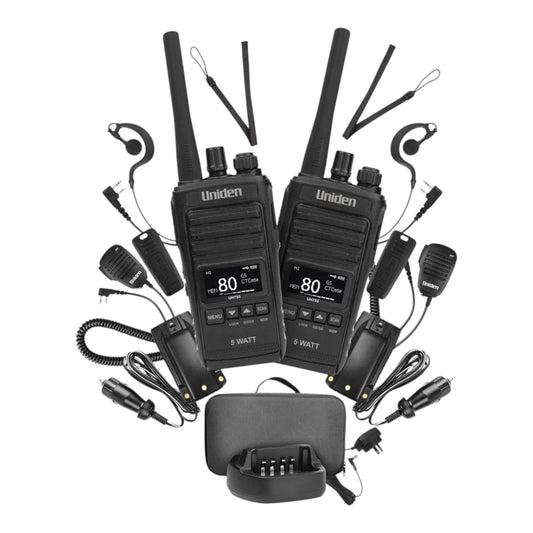 Uniden UH755 2 Pack splashproof handheld radio deluxe pack.