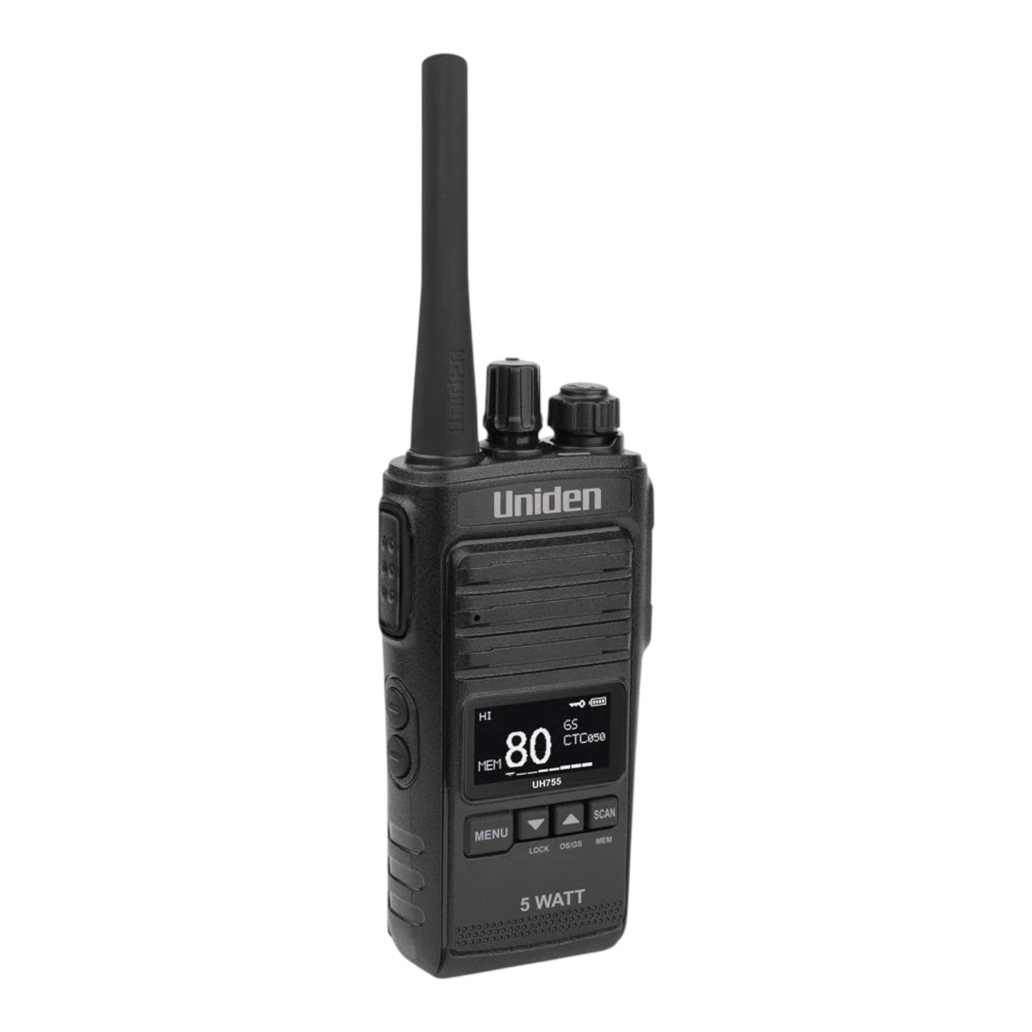 Uniden UH755 UHF CB handheld radio with 80 UHF channels.