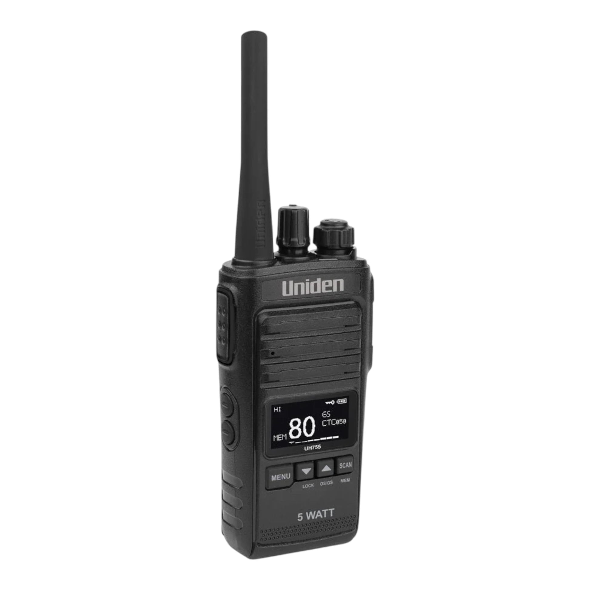 Uniden UH755 UHF CB handheld radio with 80 UHF channels.