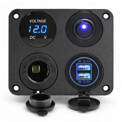 campervan 4 in 1 usb and 12v socket panel with voltmeter and on off switch for 12v systems