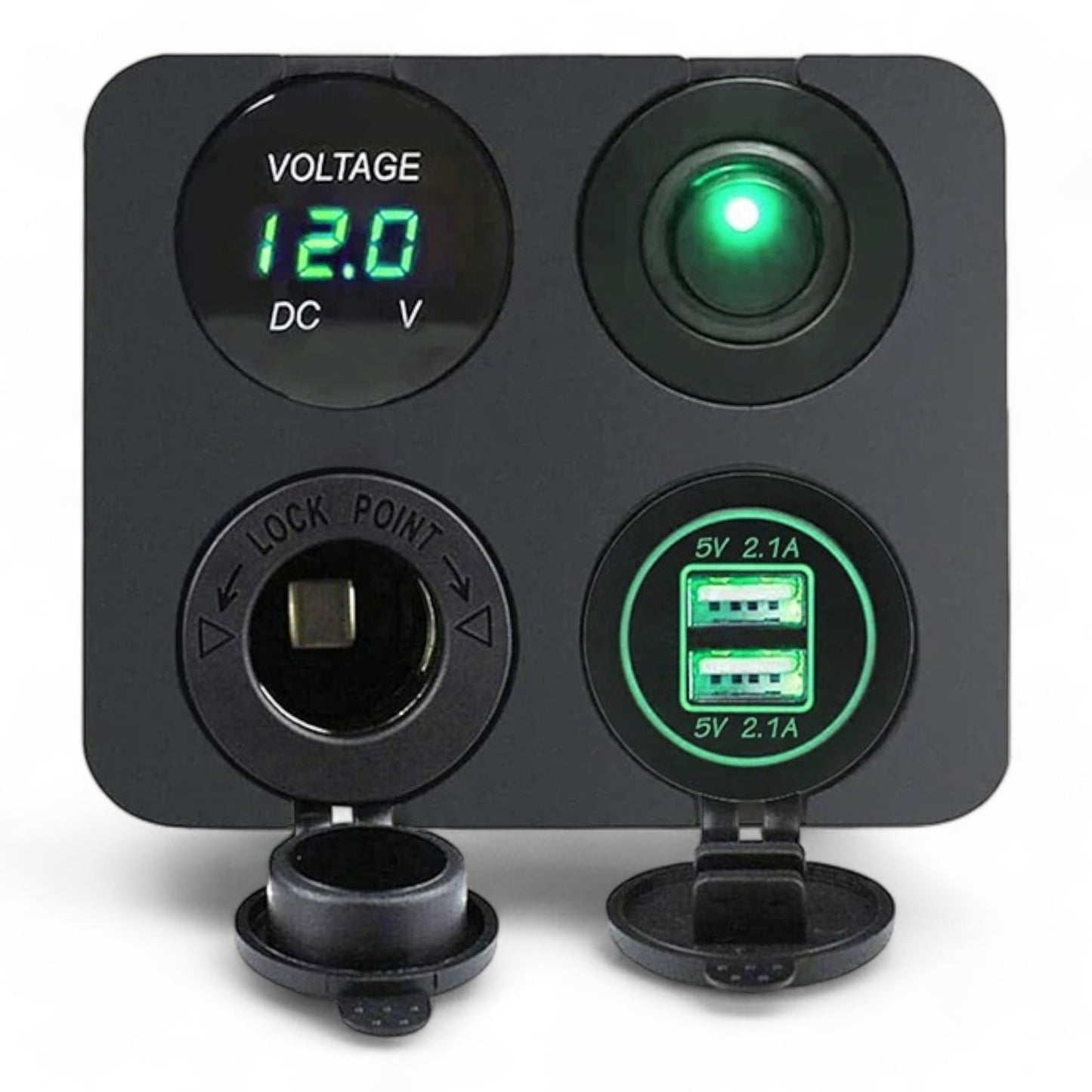 4 In 1 USB, 12v Socket, Voltmeter and Switch (Square Surface Mount)