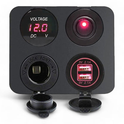 4 In 1 USB, 12v Socket, Voltmeter and Switch (Square Surface Mount)