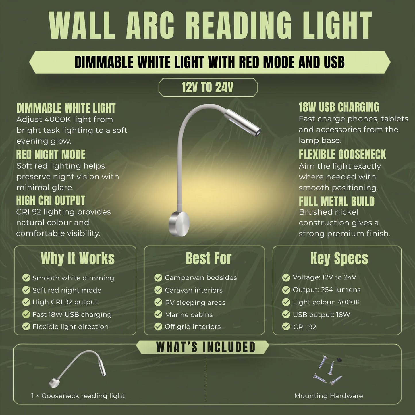 Wall mounted arc LED reading light for comfortable bedside illumination