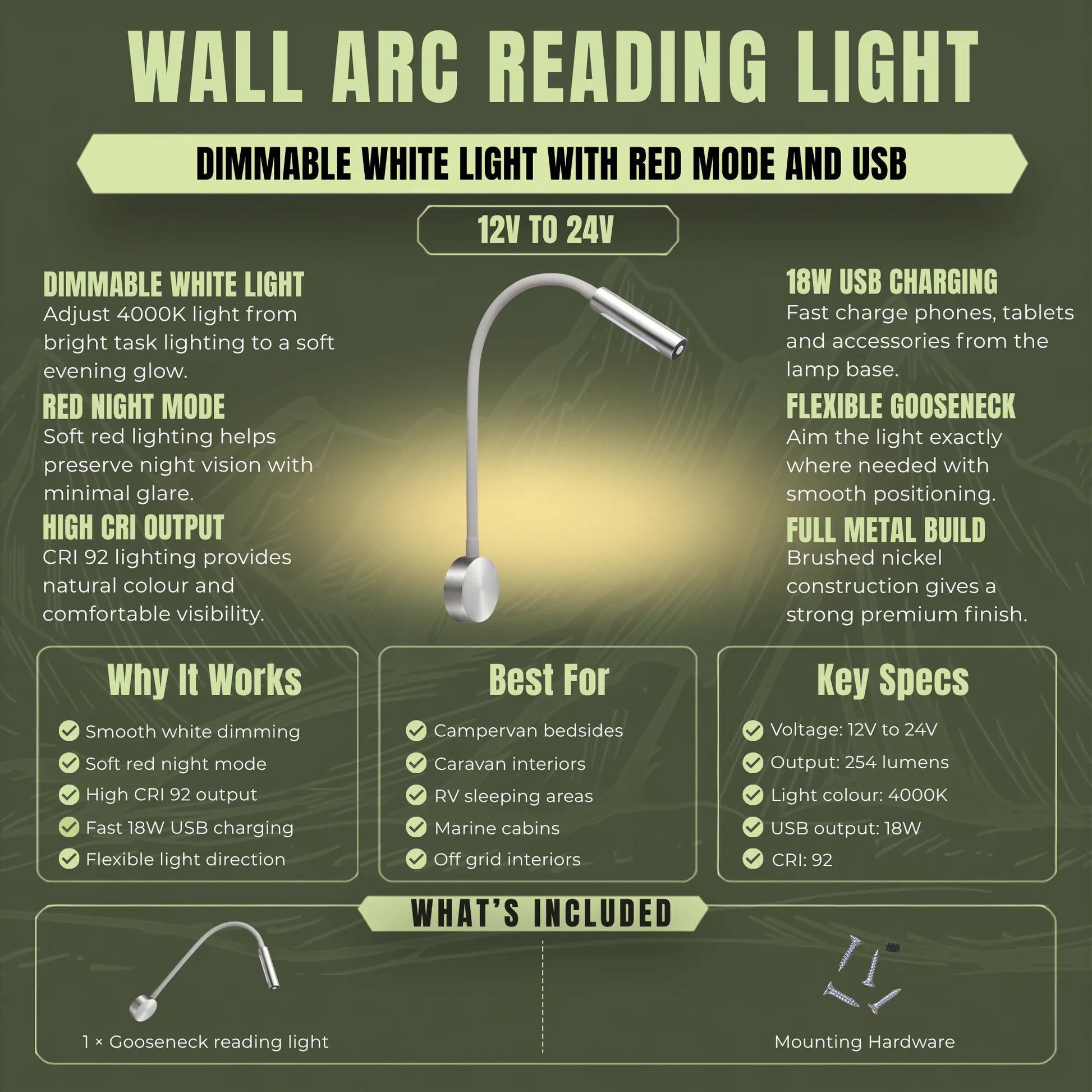 Wall mounted arc LED reading light for comfortable bedside illumination