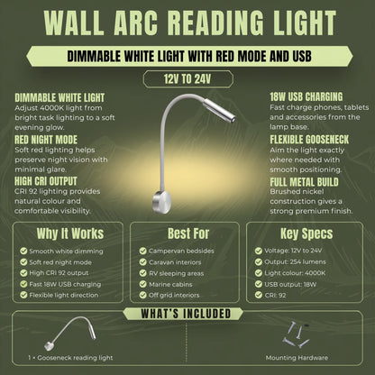 Wall mounted arc LED reading light for comfortable bedside illumination