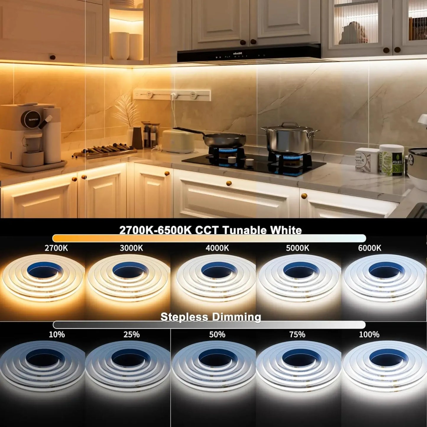 close-up of tunable white dotless LED strip on bench