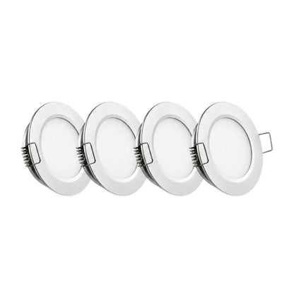 Warm white caravan lighting set with four silver LED downlights for touring setups