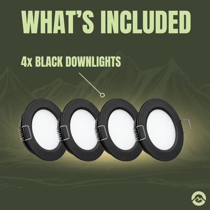 Warm white marine ceiling downlights with black finish for boat cabin installations